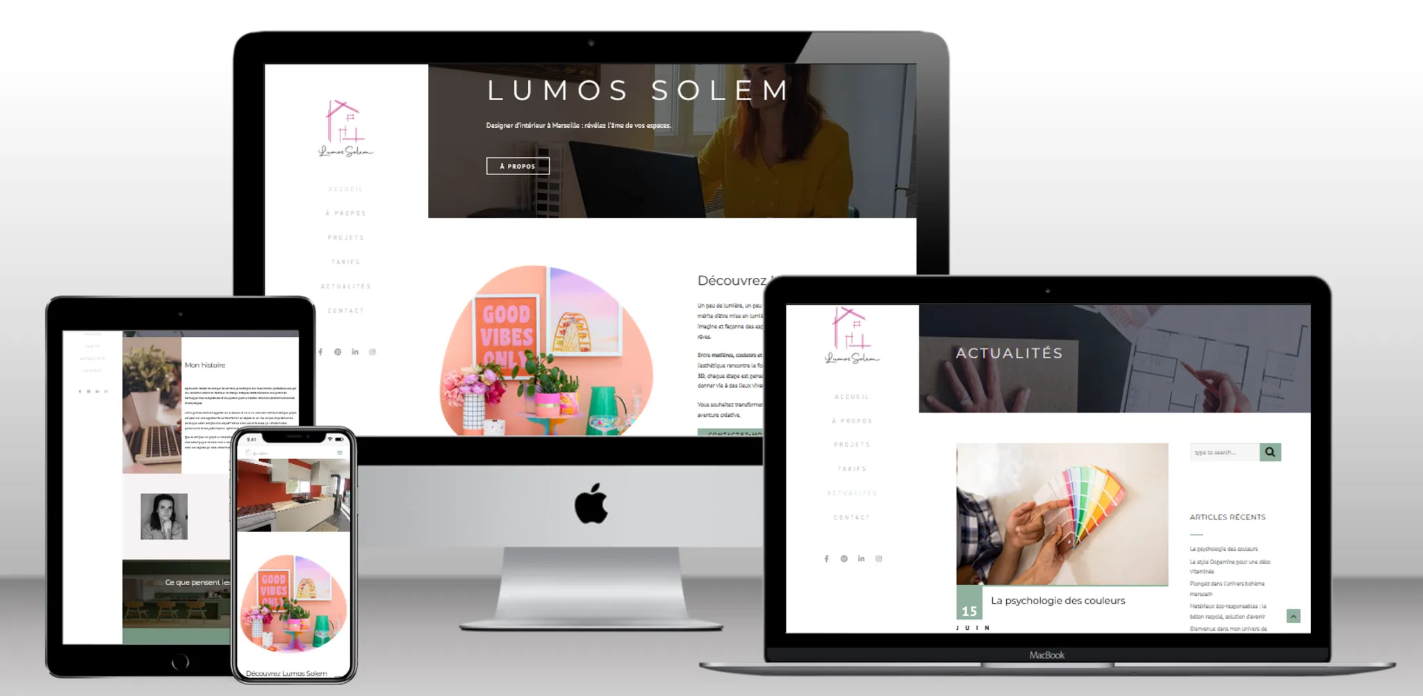 Le site Lumos Solem Design sur ordinateur, tablette et smartphone
