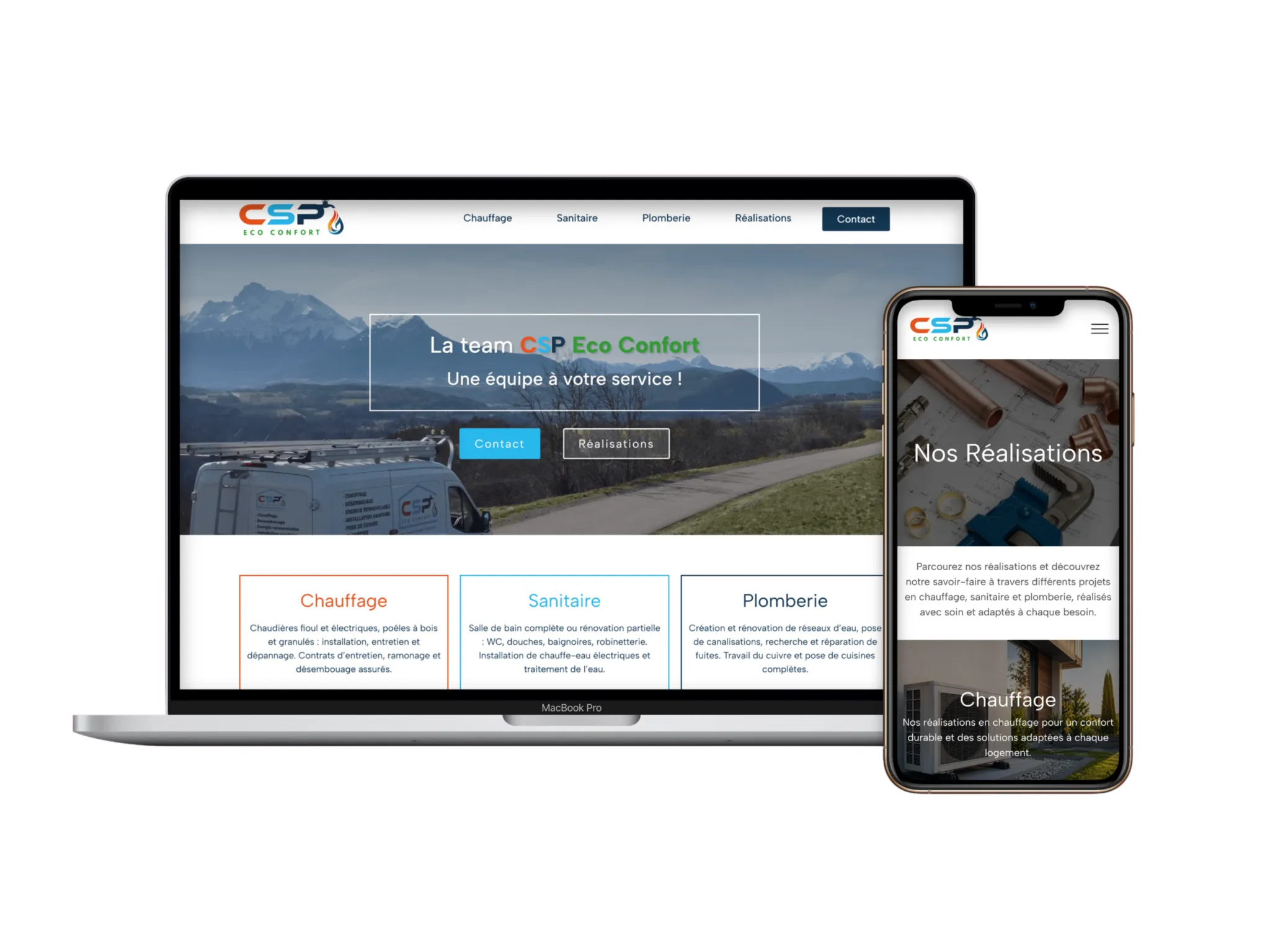 Le site CSP Éco Confort sur ordinateur portable et smartphone